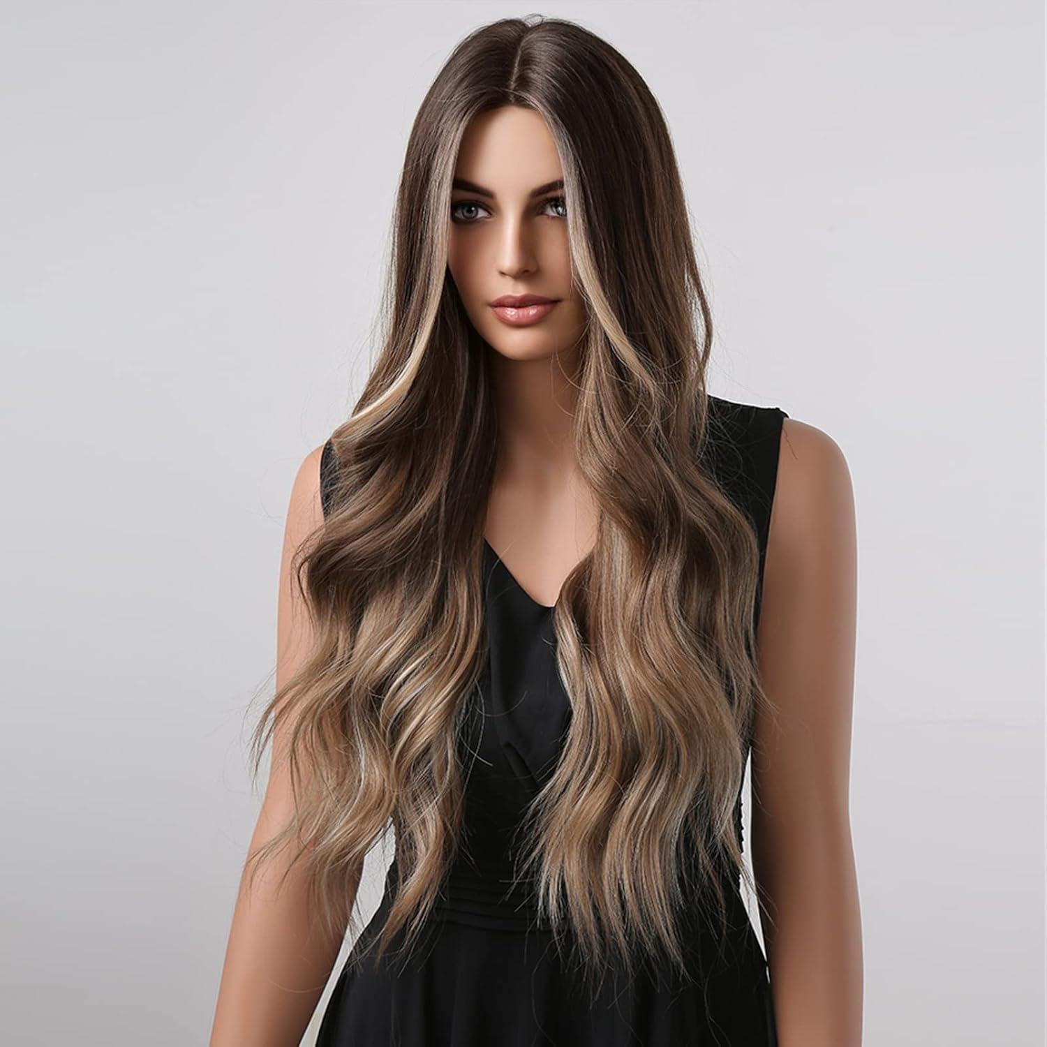 imageOmbre Blonde Wigs for Women Long Brown Mixed Blonde Wigs Long Wavy Curly Highlights Wig Heat Resistant Synthetic Wig with Wig Cap Ombre Brown BlondeOmbre Brown Blonde