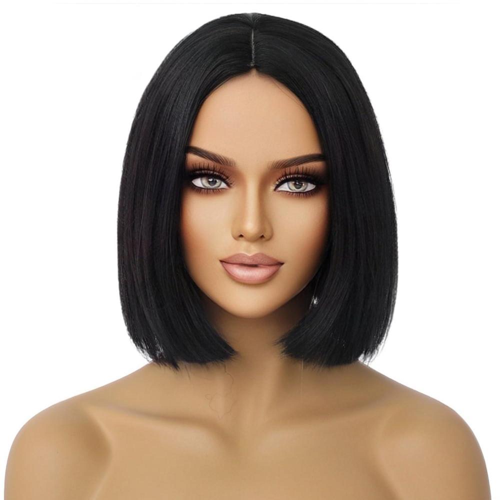 imageBlack Bob Wig for Women Short Black Wigs Straight Middle Part Black Hair Wig Natural Looking Heat Resistant Synthetic WigsBlack