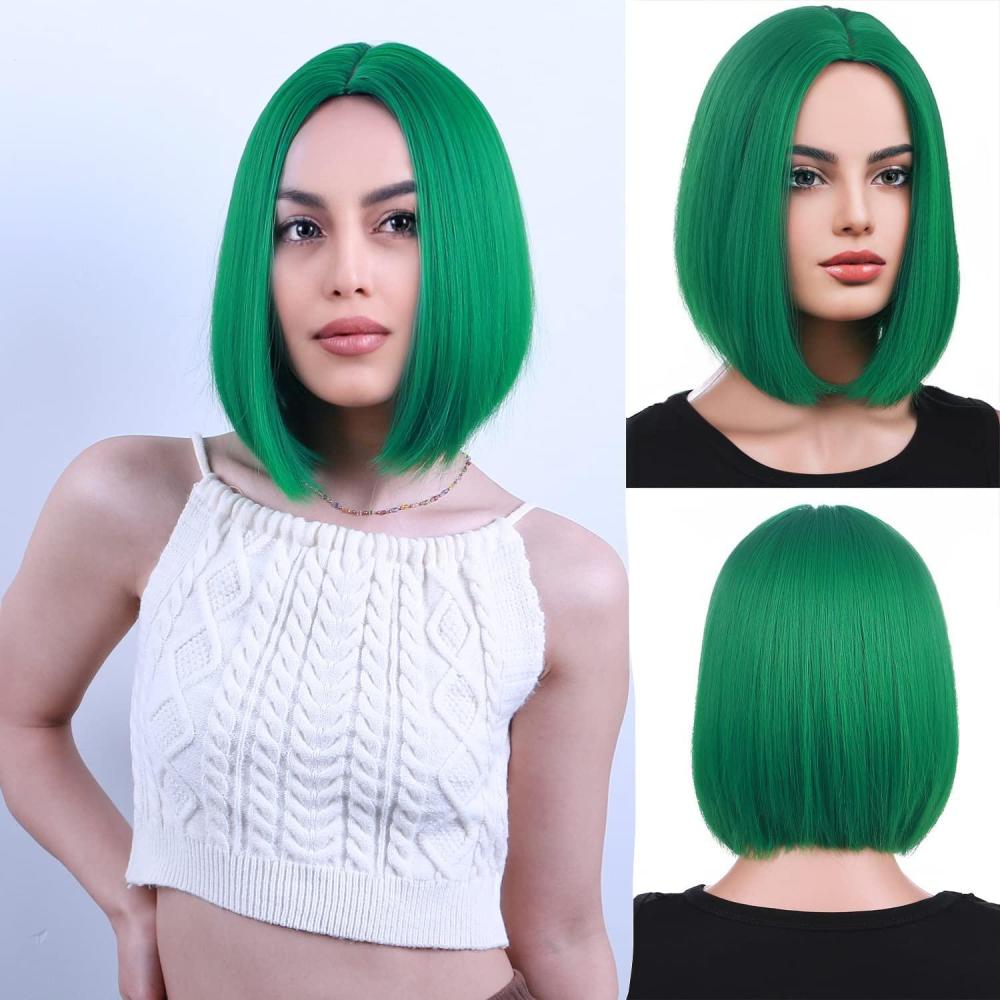 imageBlack Bob Wig for Women Short Black Wigs Straight Middle Part Black Hair Wig Natural Looking Heat Resistant Synthetic WigsGreen