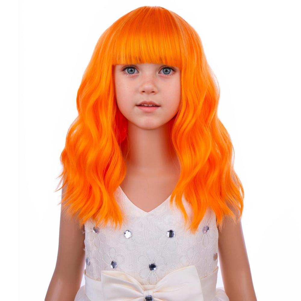 imageBlack Kids Child Wig Shoulder Length Black Wavy Wigs with Bangs for Gilrs Heat Resistant Synthetic Girls Wig Daily Wear WigsBright Orange