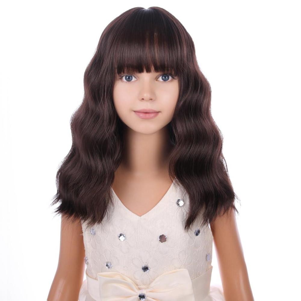 imageBlack Kids Child Wig Shoulder Length Black Wavy Wigs with Bangs for Gilrs Heat Resistant Synthetic Girls Wig Daily Wear WigsBrown