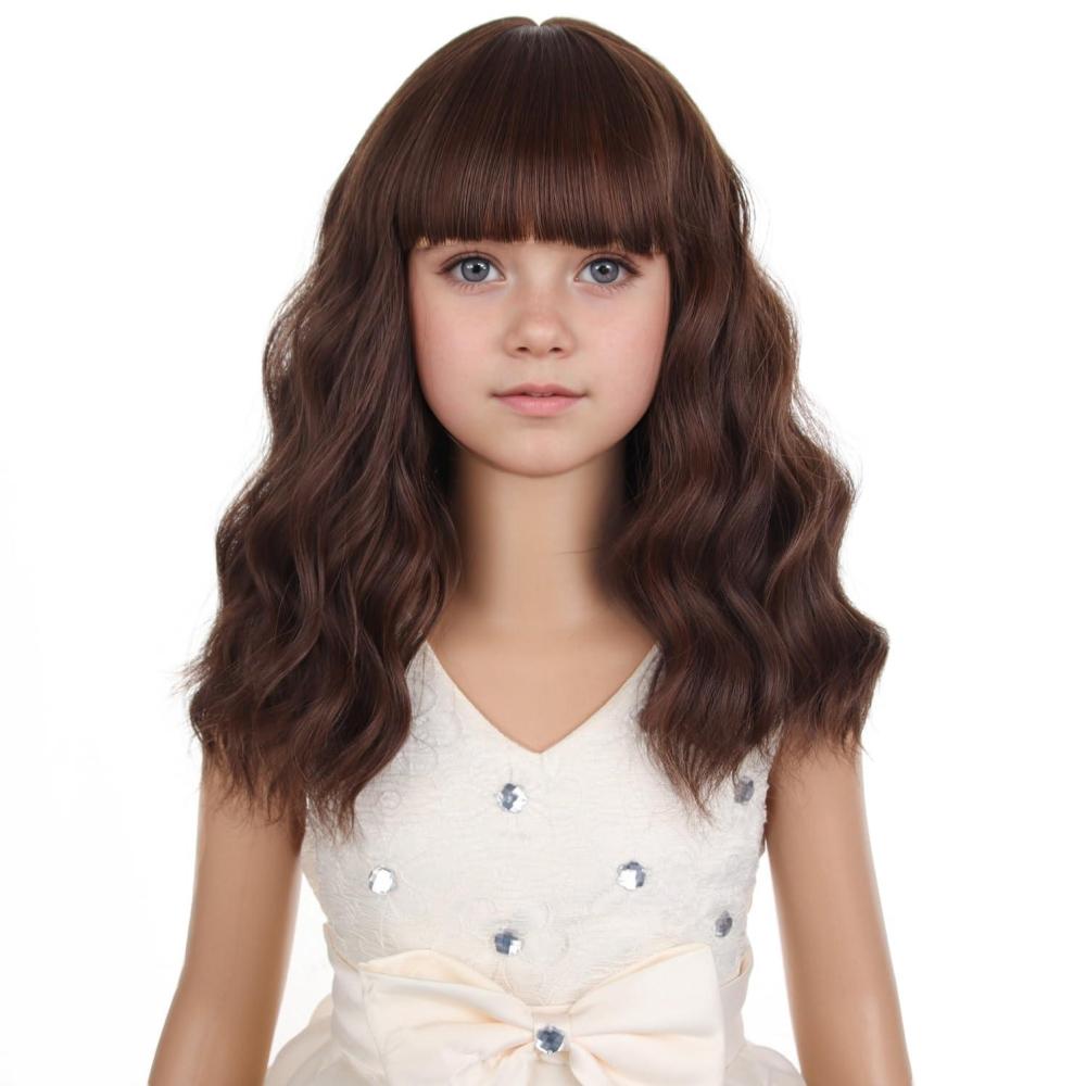 imageBlack Kids Child Wig Shoulder Length Black Wavy Wigs with Bangs for Gilrs Heat Resistant Synthetic Girls Wig Daily Wear WigsChocolate Brown