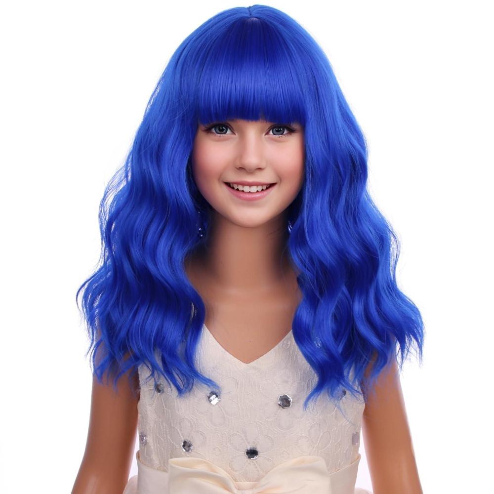imageBlack Kids Child Wig Shoulder Length Black Wavy Wigs with Bangs for Gilrs Heat Resistant Synthetic Girls Wig Daily Wear WigsDark Blue