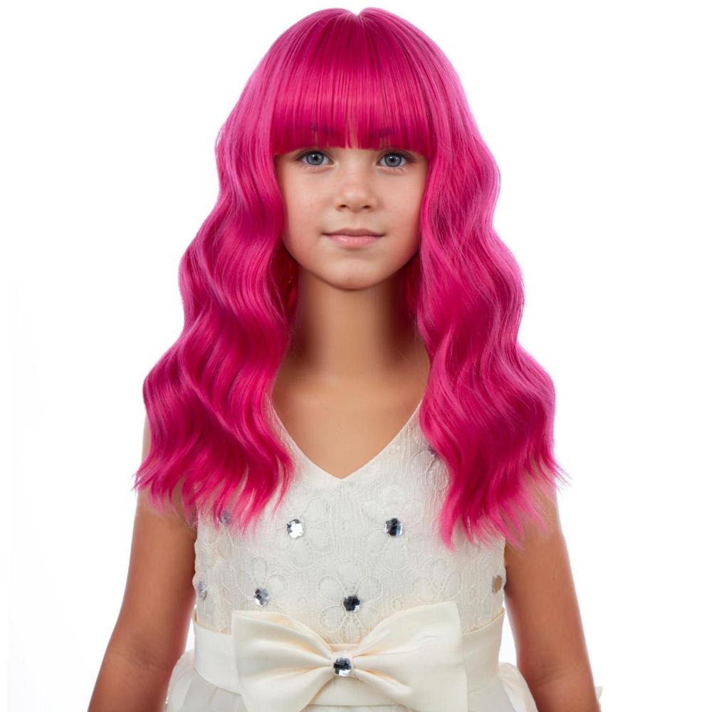 imageBlack Kids Child Wig Shoulder Length Black Wavy Wigs with Bangs for Gilrs Heat Resistant Synthetic Girls Wig Daily Wear WigsFashion Hot Pink
