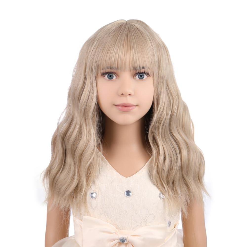 imageBlack Kids Child Wig Shoulder Length Black Wavy Wigs with Bangs for Gilrs Heat Resistant Synthetic Girls Wig Daily Wear WigsFlaxen Blonde