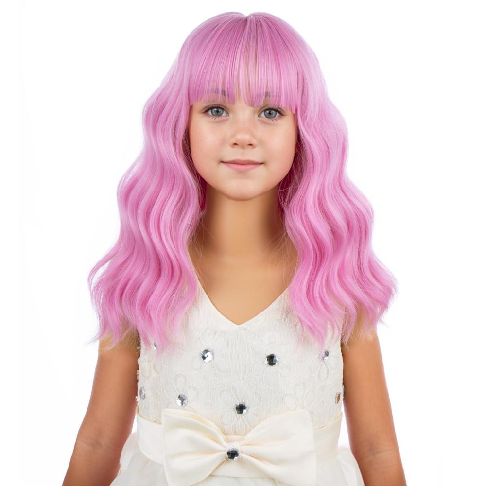 imageBlack Kids Child Wig Shoulder Length Black Wavy Wigs with Bangs for Gilrs Heat Resistant Synthetic Girls Wig Daily Wear WigsLight Pink