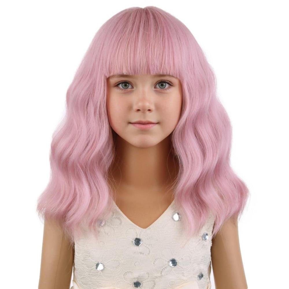 imageBlack Kids Child Wig Shoulder Length Black Wavy Wigs with Bangs for Gilrs Heat Resistant Synthetic Girls Wig Daily Wear WigsMixed Pink