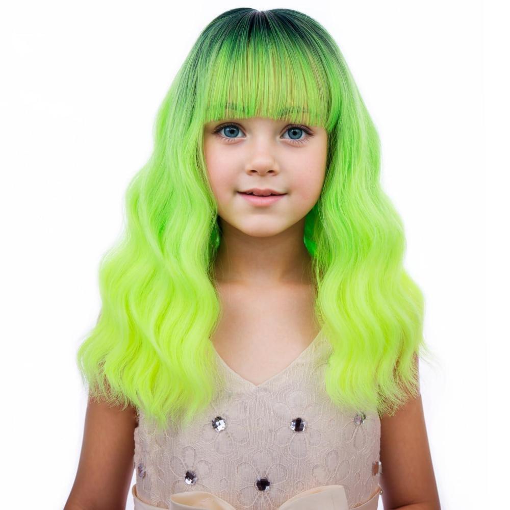 imageBlack Kids Child Wig Shoulder Length Black Wavy Wigs with Bangs for Gilrs Heat Resistant Synthetic Girls Wig Daily Wear WigsNeon Green