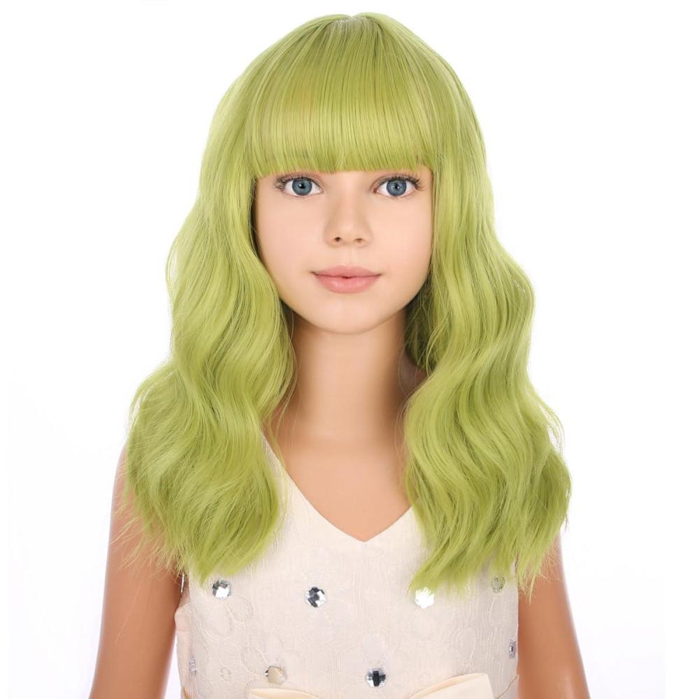 imageBlack Kids Child Wig Shoulder Length Black Wavy Wigs with Bangs for Gilrs Heat Resistant Synthetic Girls Wig Daily Wear WigsOlive Green