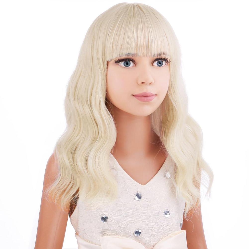 imageBlack Kids Child Wig Shoulder Length Black Wavy Wigs with Bangs for Gilrs Heat Resistant Synthetic Girls Wig Daily Wear WigsPlatinum Blonde