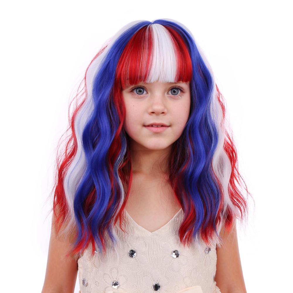 imageBlack Kids Child Wig Shoulder Length Black Wavy Wigs with Bangs for Gilrs Heat Resistant Synthetic Girls Wig Daily Wear WigsRed White and Blue