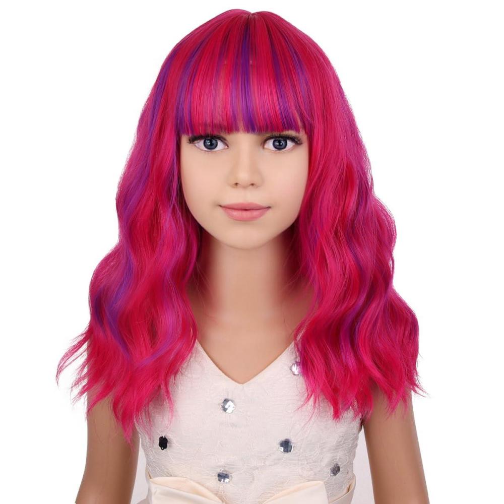 imageBlack Kids Child Wig Shoulder Length Black Wavy Wigs with Bangs for Gilrs Heat Resistant Synthetic Girls Wig Daily Wear WigsRose Mixed Purple