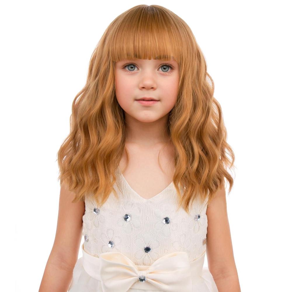 imageBlack Kids Child Wig Shoulder Length Black Wavy Wigs with Bangs for Gilrs Heat Resistant Synthetic Girls Wig Daily Wear WigsStrawberry Blonde