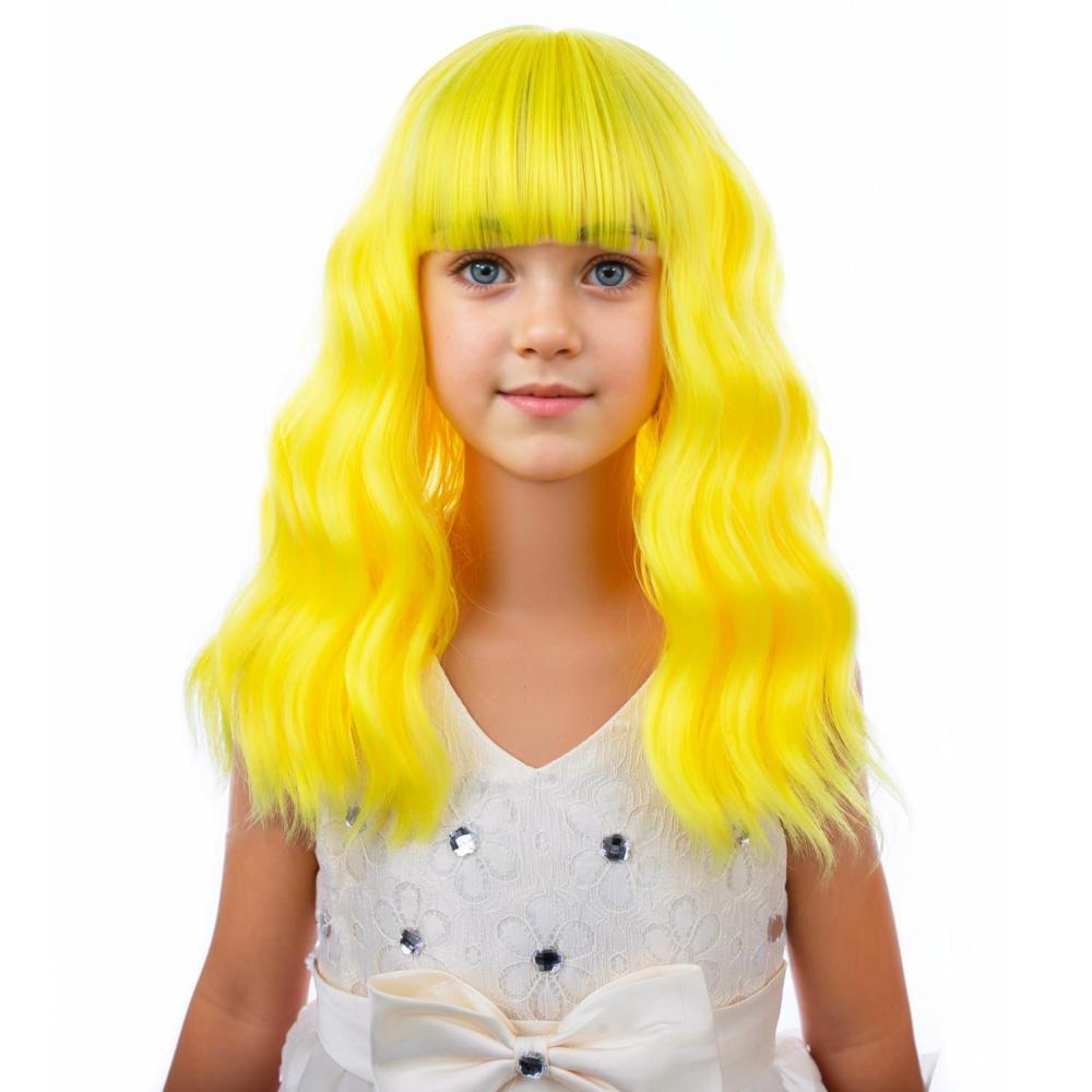 imageBlack Kids Child Wig Shoulder Length Black Wavy Wigs with Bangs for Gilrs Heat Resistant Synthetic Girls Wig Daily Wear WigsYellow