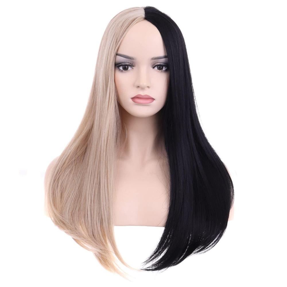 imageBlack and Blonde Wig Long Straight Wig for Women Split Wig Half Black Half Blonde Wigs Middle Part Heat Resistant Synthetic WigsBlack and Blonde