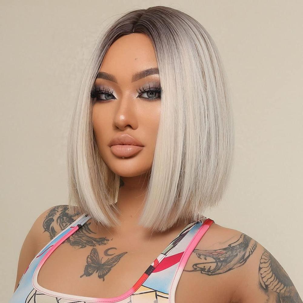 imageBlonde Bob Wig for Women Short Straight Ombre Blonde Wig Blonde Mixed Brown Wig with Dark Roots Heat Resistant Synthetic Wig with Wig Cap Ombre Blonde