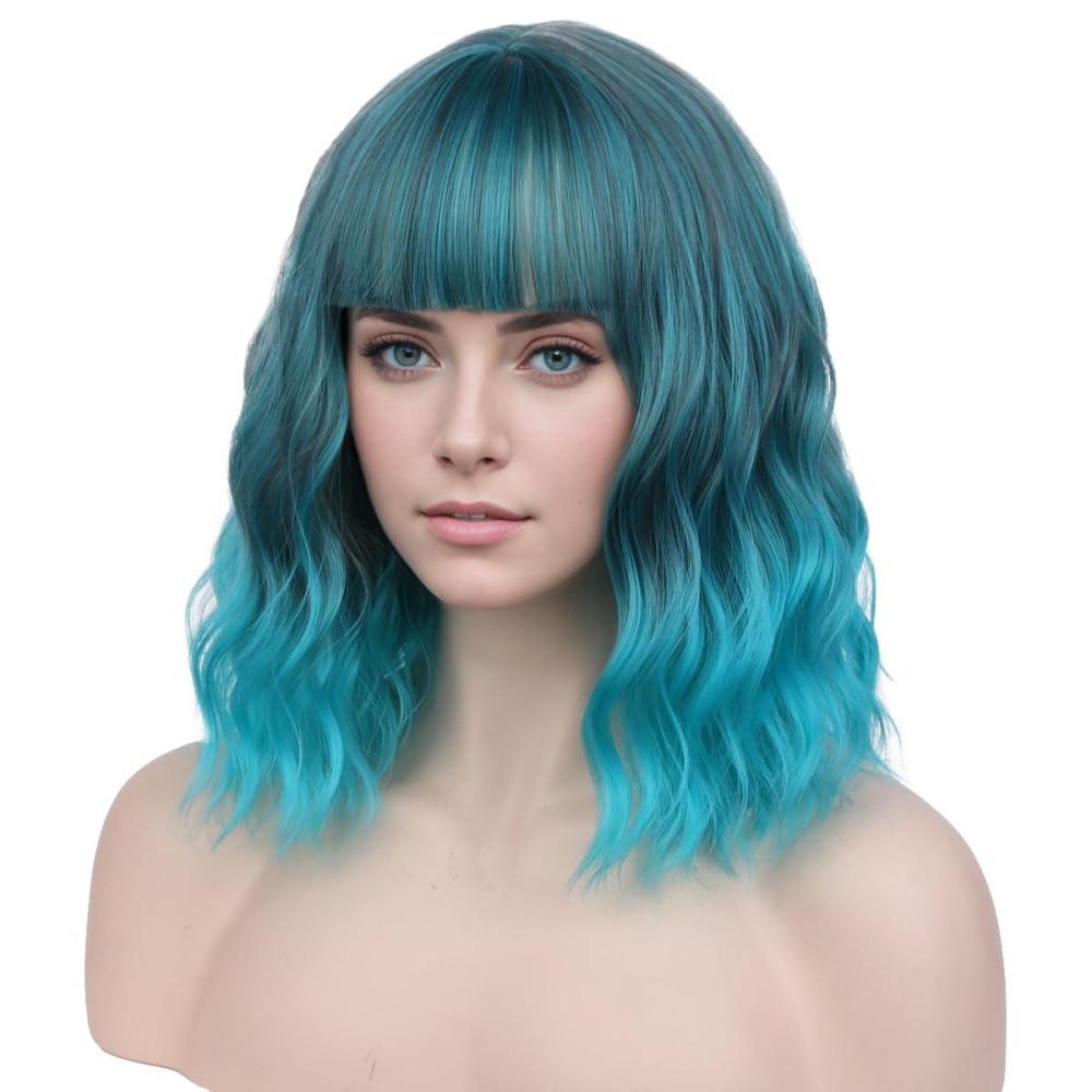 imageBlonde Wig Short Wavy Ash Blonde Wig with Bangs Flaxen Blonde Wigs for Women Girls Heat Resistant Synthetic WigsAsh BlondeMixed Blue