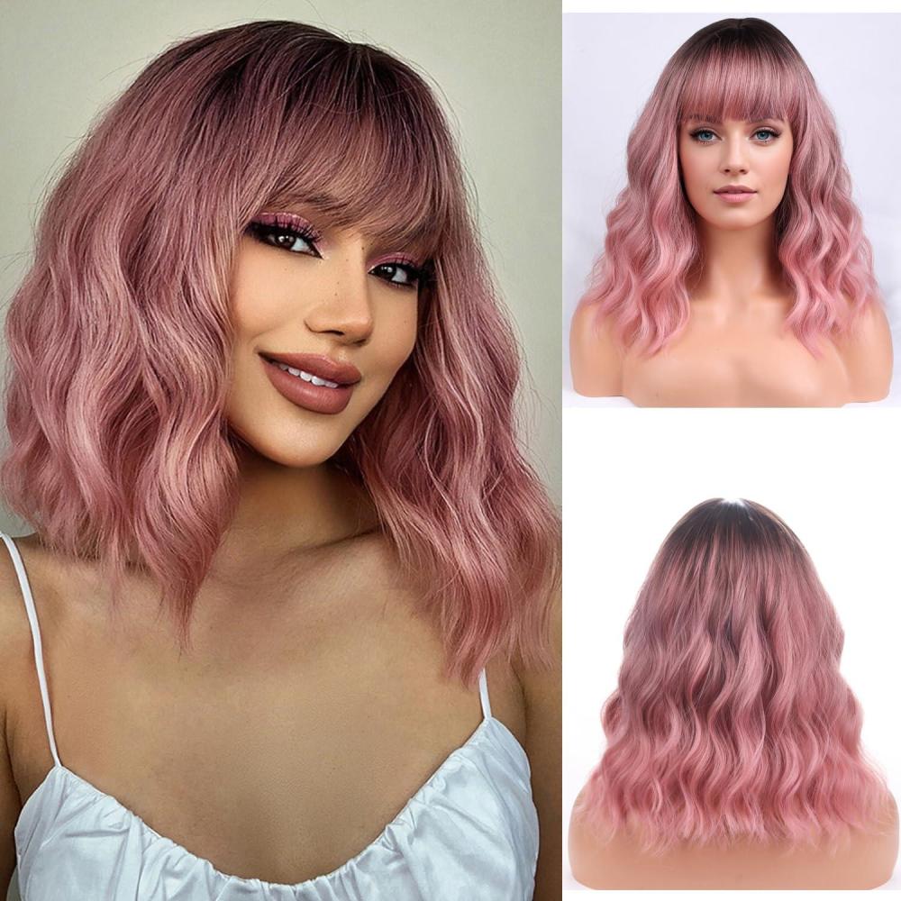 imageBlonde Wig Short Wavy Ash Blonde Wig with Bangs Flaxen Blonde Wigs for Women Girls Heat Resistant Synthetic WigsAsh BlondeOmbre Pink