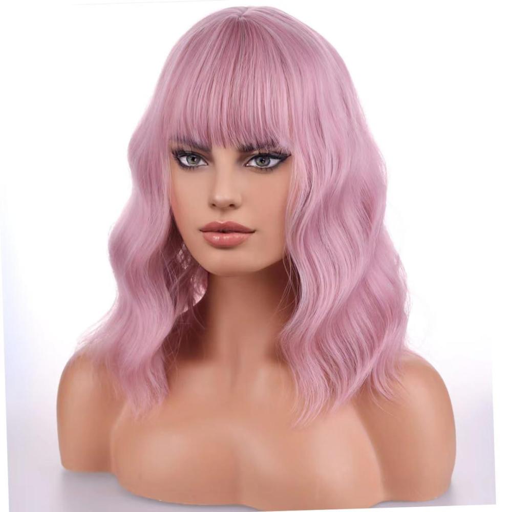 imageBlonde Wig Short Wavy Ash Blonde Wig with Bangs Flaxen Blonde Wigs for Women Girls Heat Resistant Synthetic WigsAsh BlondePink