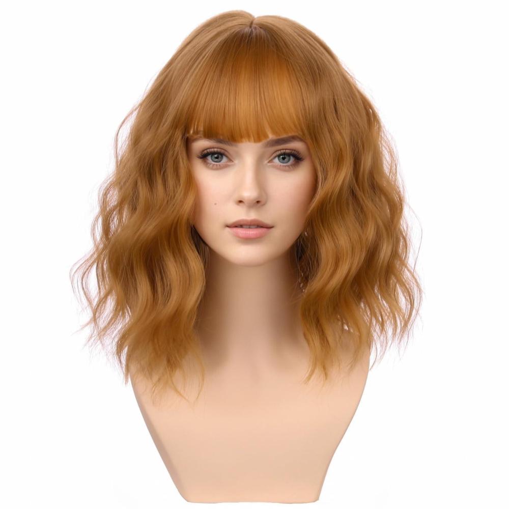 imageBlonde Wig Short Wavy Ash Blonde Wig with Bangs Flaxen Blonde Wigs for Women Girls Heat Resistant Synthetic WigsAsh BlondeStrawberry Blonde