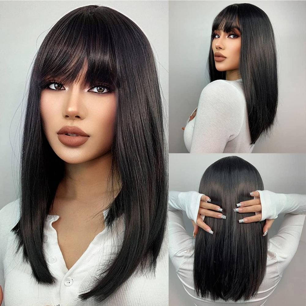 imageLong Black Wig for Women Black Wig with Bangs Long Straight Black Wig Synthetic Wigs BlackBlack