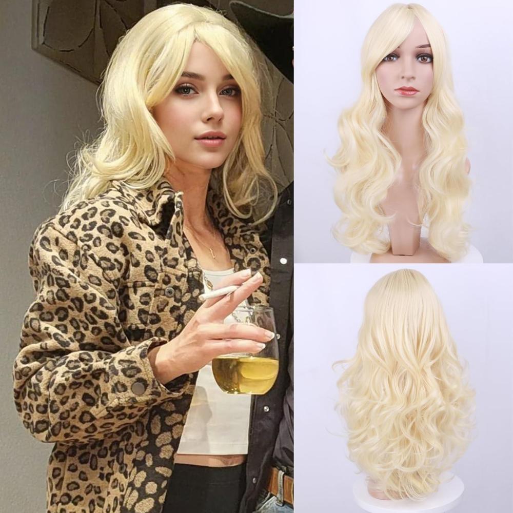 imageLong Blonde Wig with Bangs Long Curly Wavy Blonde Wigs for Women Mixed Blonde Synthetic Wig Mixed BlondeLight Blonde