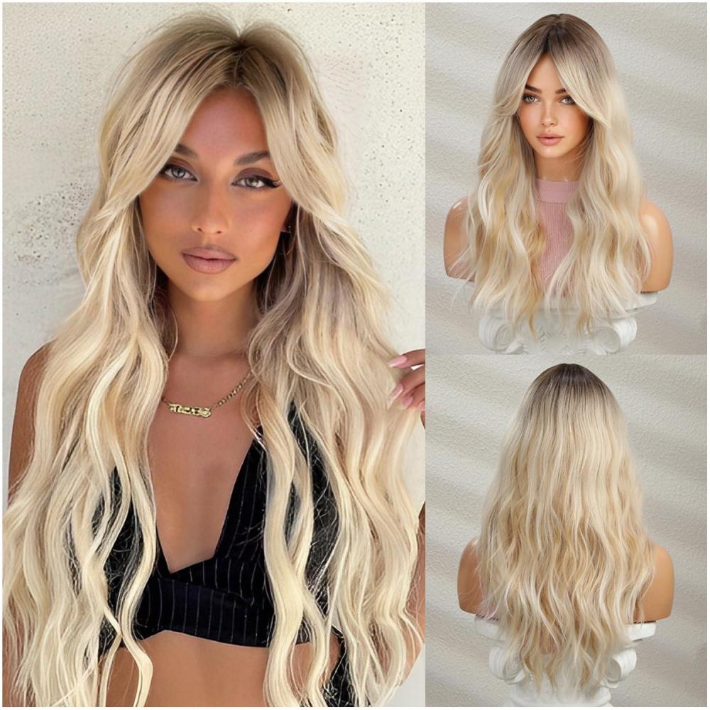 imageLong Blonde Wig with Bangs Long Curly Wavy Blonde Wigs for Women Mixed Blonde Synthetic Wig Mixed BlondeMixed Blonde