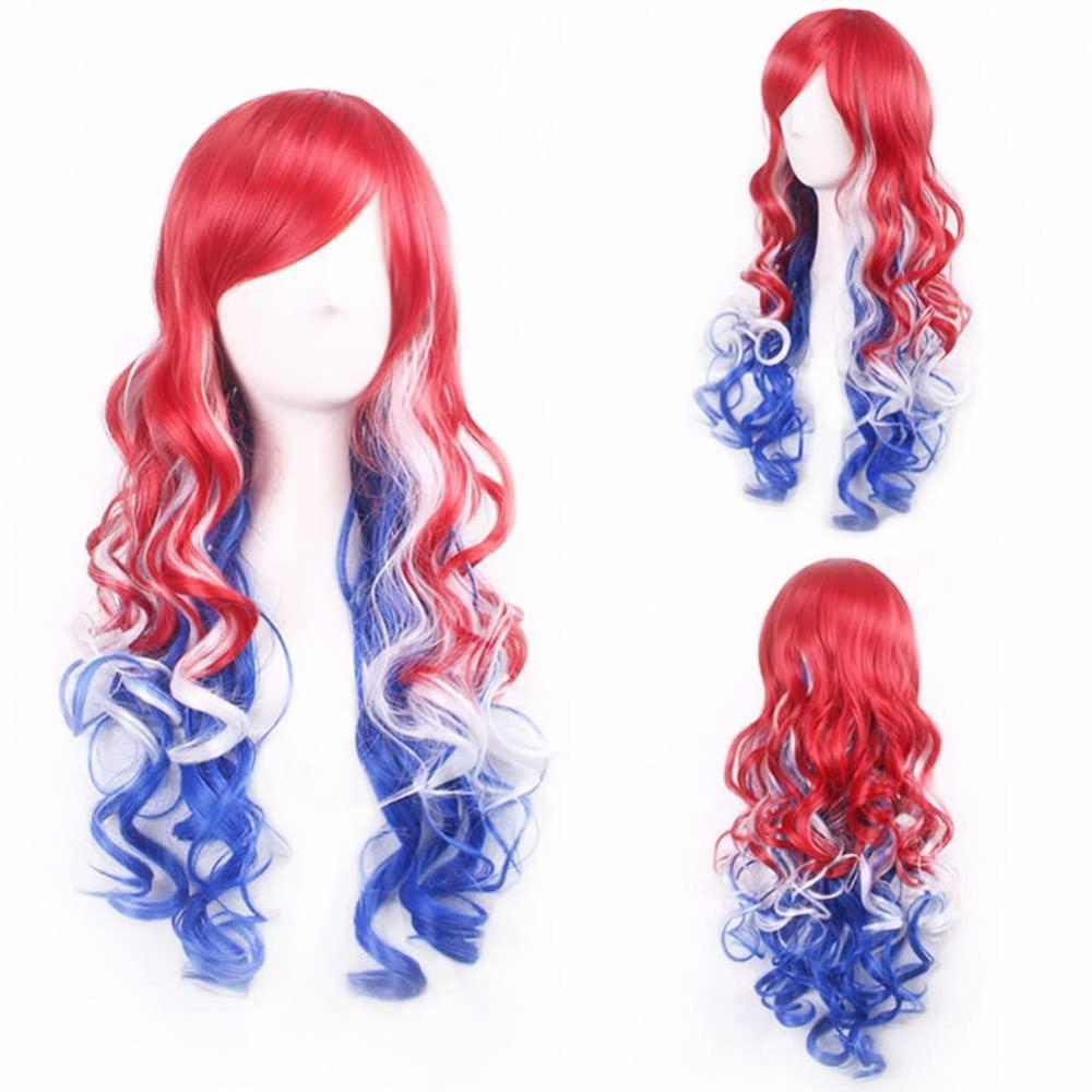 imageLong Blonde Wig with Bangs Long Curly Wavy Blonde Wigs for Women Mixed Blonde Synthetic Wig Mixed BlondeRed Blue and White