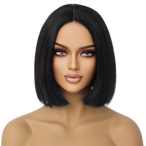 Black Bob Wig for Women Short Black Wigs Straight Middle Part Black Hair Wig Natural Looking Heat Resistant Synthetic Wigs(Black)