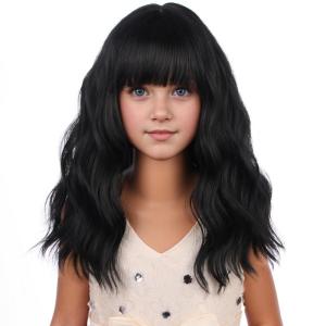 Black Kids Child Wig Shoulder Length Black Wavy Wigs with Bangs for Gilrs Heat Resistant Synthetic Girls Wig Daily Wear Wigs(Black)