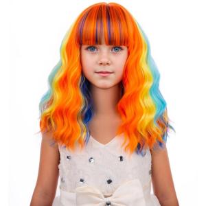 Black Kids Child Wig Shoulder Length Black Wavy Wigs with Bangs for Gilrs Heat Resistant Synthetic Girls Wig Daily Wear Wigs(Colorful)