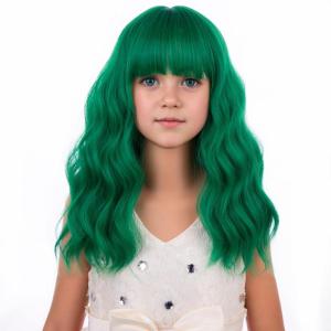 Black Kids Child Wig Shoulder Length Black Wavy Wigs with Bangs for Gilrs Heat Resistant Synthetic Girls Wig Daily Wear Wigs(Green)