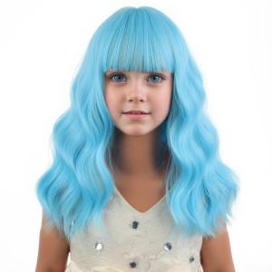 Black Kids Child Wig Shoulder Length Black Wavy Wigs with Bangs for Gilrs Heat Resistant Synthetic Girls Wig Daily Wear Wigs(Light Blue)