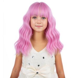 Black Kids Child Wig Shoulder Length Black Wavy Wigs with Bangs for Gilrs Heat Resistant Synthetic Girls Wig Daily Wear Wigs(Light Pink)