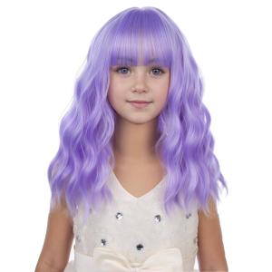 Black Kids Child Wig Shoulder Length Black Wavy Wigs with Bangs for Gilrs Heat Resistant Synthetic Girls Wig Daily Wear Wigs(Light Purple)
