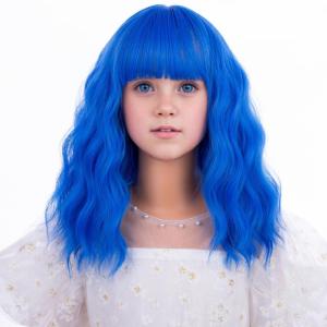Black Kids Child Wig Shoulder Length Black Wavy Wigs with Bangs for Gilrs Heat Resistant Synthetic Girls Wig Daily Wear Wigs(Mixed Blue)