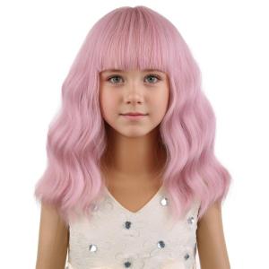 Black Kids Child Wig Shoulder Length Black Wavy Wigs with Bangs for Gilrs Heat Resistant Synthetic Girls Wig Daily Wear Wigs(Mixed Pink)