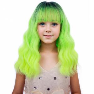 Black Kids Child Wig Shoulder Length Black Wavy Wigs with Bangs for Gilrs Heat Resistant Synthetic Girls Wig Daily Wear Wigs(Neon Green)