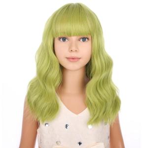Black Kids Child Wig Shoulder Length Black Wavy Wigs with Bangs for Gilrs Heat Resistant Synthetic Girls Wig Daily Wear Wigs(Olive Green)
