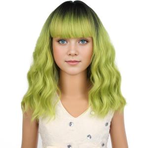 Black Kids Child Wig Shoulder Length Black Wavy Wigs with Bangs for Gilrs Heat Resistant Synthetic Girls Wig Daily Wear Wigs(Ombre Green)