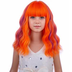 Black Kids Child Wig Shoulder Length Black Wavy Wigs with Bangs for Gilrs Heat Resistant Synthetic Girls Wig Daily Wear Wigs(Orange Purple Mixed Pink)