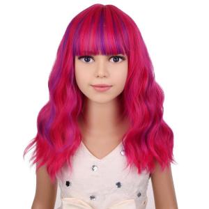 Black Kids Child Wig Shoulder Length Black Wavy Wigs with Bangs for Gilrs Heat Resistant Synthetic Girls Wig Daily Wear Wigs(Rose Mixed Purple)