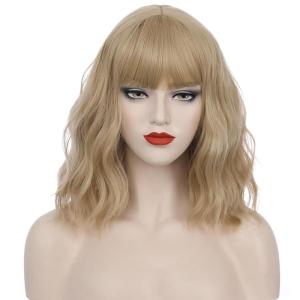Blonde Wig Short Wavy Ash Blonde Wig with Bangs Flaxen Blonde Wigs for Women Girls Heat Resistant Synthetic Wigs(Ash Blonde)(Ash Blonde)