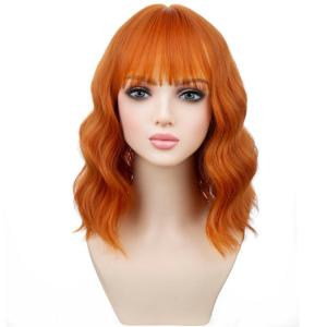 Blonde Wig Short Wavy Ash Blonde Wig with Bangs Flaxen Blonde Wigs for Women Girls Heat Resistant Synthetic Wigs(Ash Blonde)(Dark Orange)
