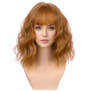 Blonde Wig Short Wavy Ash Blonde Wig with Bangs Flaxen Blonde Wigs for Women Girls Heat Resistant Synthetic Wigs(Ash Blonde)(Strawberry Blonde)