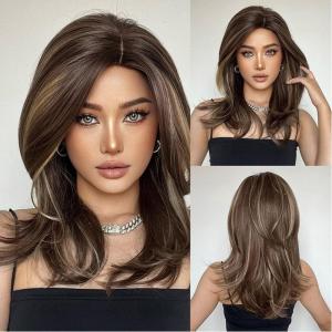 Brown Blonde Wig for Women Long Wavy Brown Wigs Brown Mixed Blonde Wigs Shoulder Length Layered Wig Heat Resistant Synthetic Wig with Wig Cap(Brown Mixed Blonde)