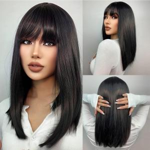 Long Black Wig for Women Black Wig with Bangs Long Straight Black Wig Synthetic Wigs (Black)(Black)