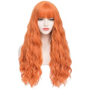 Long Blonde Wig with Bangs Long Curly Wavy Blonde Wigs for Women Mixed Blonde Synthetic Wig (Mixed Blonde)(Dark Orange)