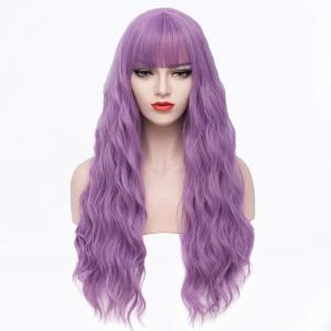 Long Blonde Wig with Bangs Long Curly Wavy Blonde Wigs for Women Mixed Blonde Synthetic Wig (Mixed Blonde)(Lavender Purple)