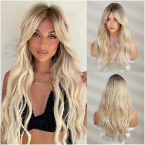Long Blonde Wig with Bangs Long Curly Wavy Blonde Wigs for Women Mixed Blonde Synthetic Wig (Mixed Blonde)(Mixed Blonde)
